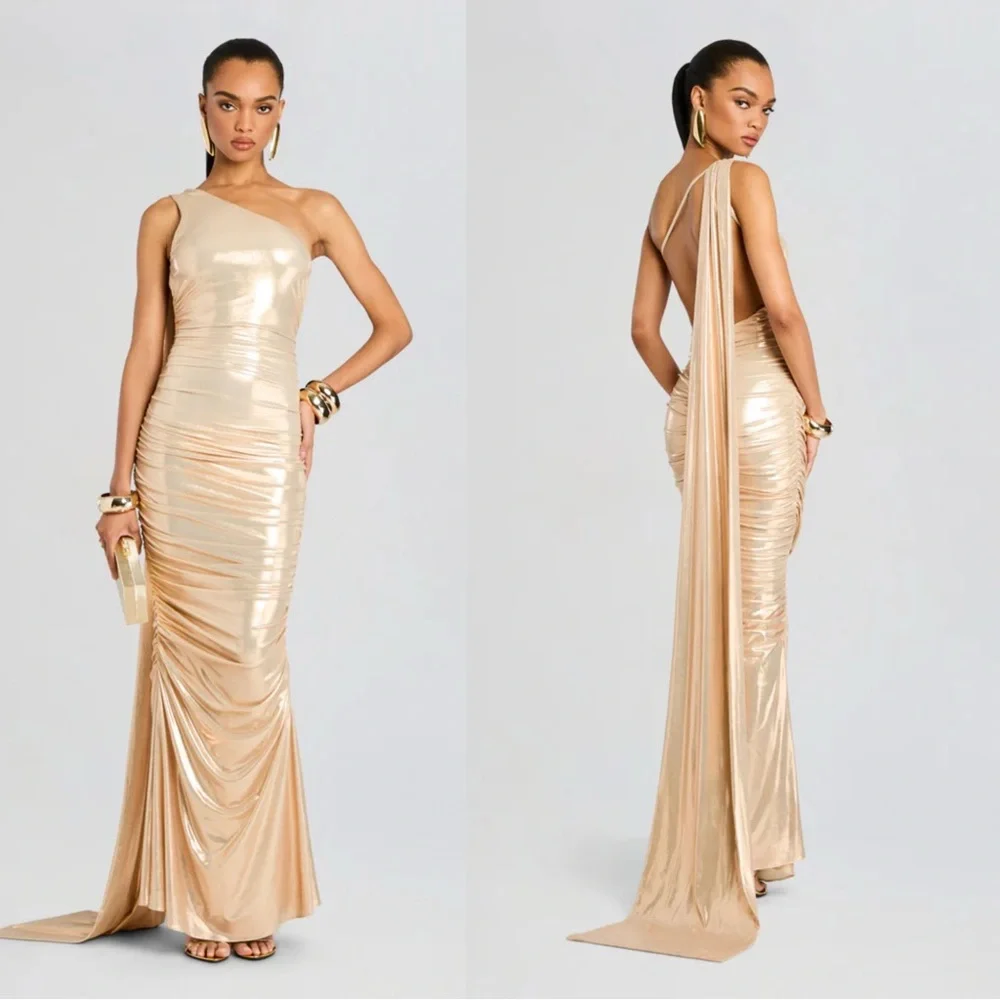 Retrofete Shannon Metallic Maxi Dress Golden Latte Lame - Size XXS